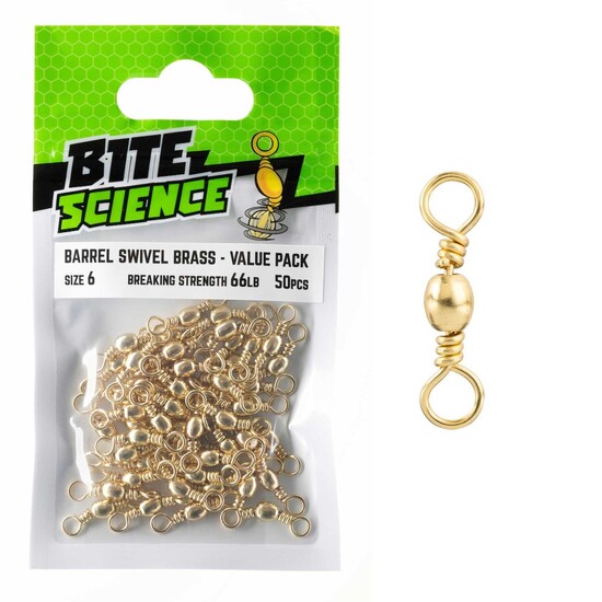 50 Pack of Size 6 Bite Science Brass Barrel Fishing Swivels - 66lb