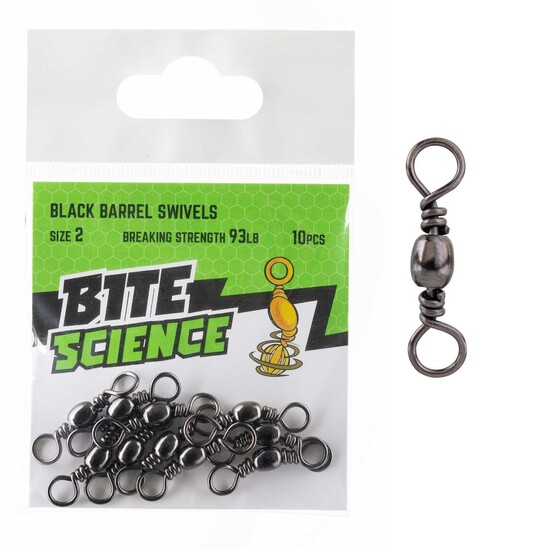 10 Pack of Size 2 Bite Science Black Barrel Fishing Swivels - 93lb