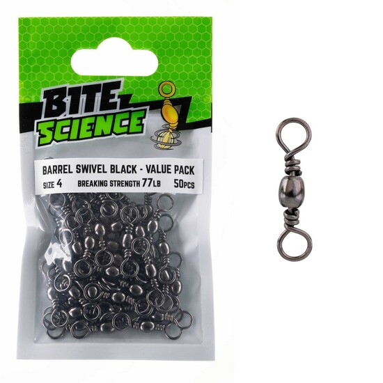 50 Pack of Size 4 Bite Science Black Barrel Fishing Swivels - 77lb