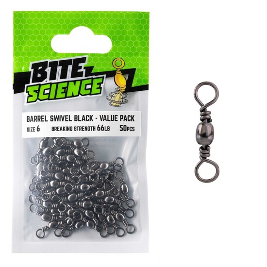 50 Pack of Size 6 Bite Science Black Barrel Fishing Swivels - 66lb