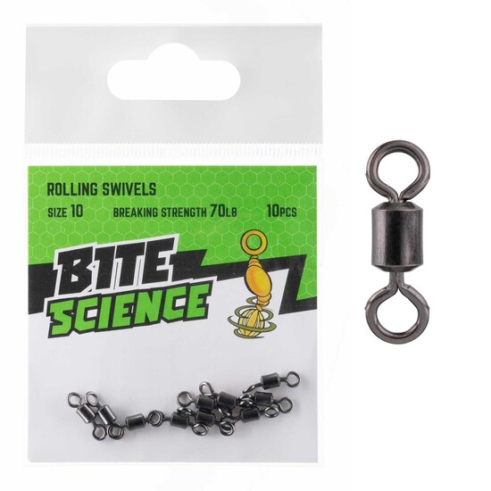 10 Pack of Size 10 Bite Science Black Rolling Fishing Swivels - 70lb