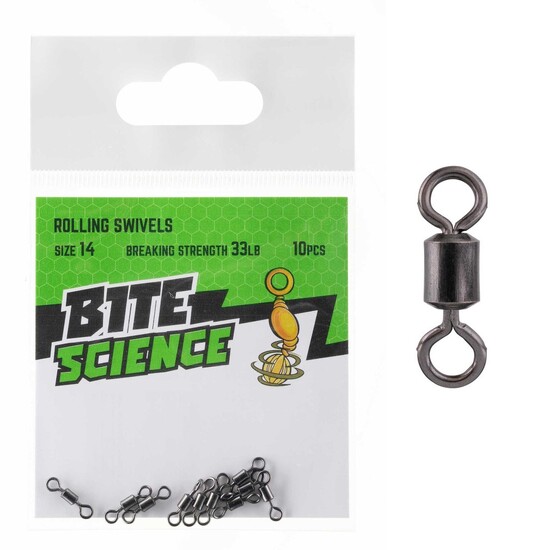 10 Pack of Size 14 Bite Science Black Rolling Fishing Swivels - 33lb