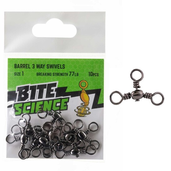 10 Pack of Size 1 Bite Science Black Barrel 3-Way Crossline Fishing Swivels - 77lb