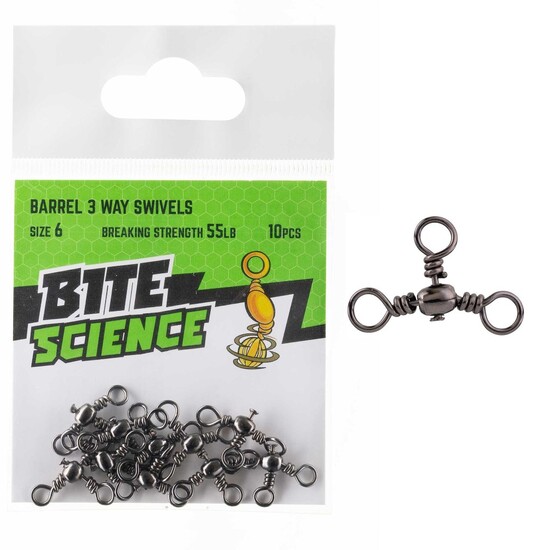 10 Pack of Size 6 Bite Science Black Barrel 3-Way Crossline Fishing Swivels - 55lb