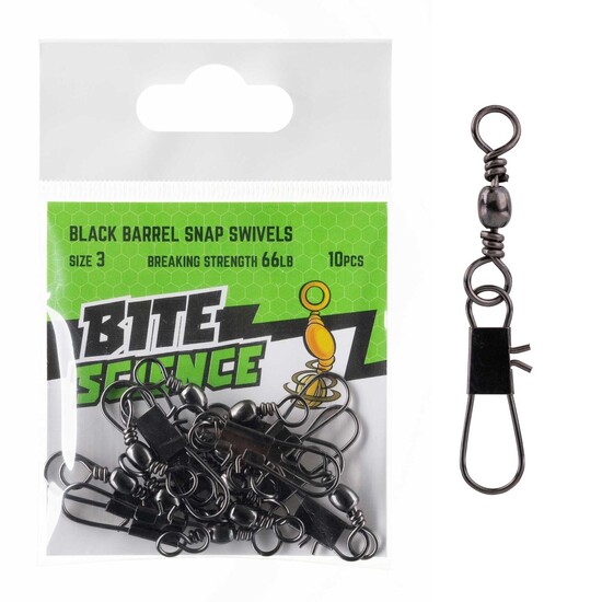 10 Pack of Size 3 Bite Science Black Barrel Fishing Swivels with Snaps - 66lb