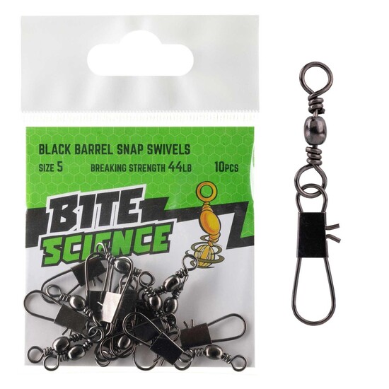 10 Pack of Size 5 Bite Science Black Barrel Fishing Swivels with Snaps - 44lb