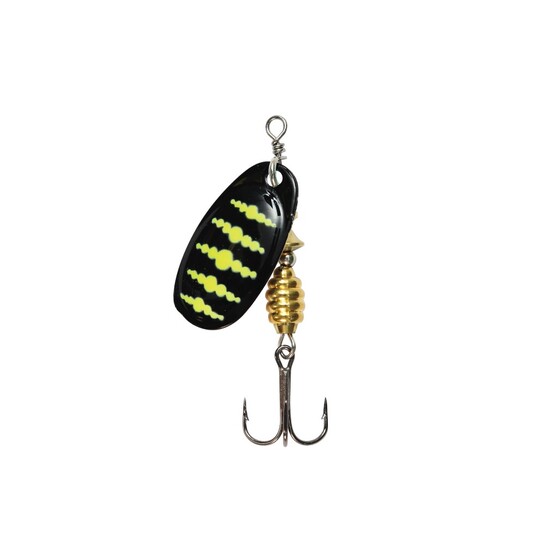 Size 1 TT Lures Spintrix Inline Spinner Lure Rigged with Mustad Treble Hook - BLACK YELLOW DOTS