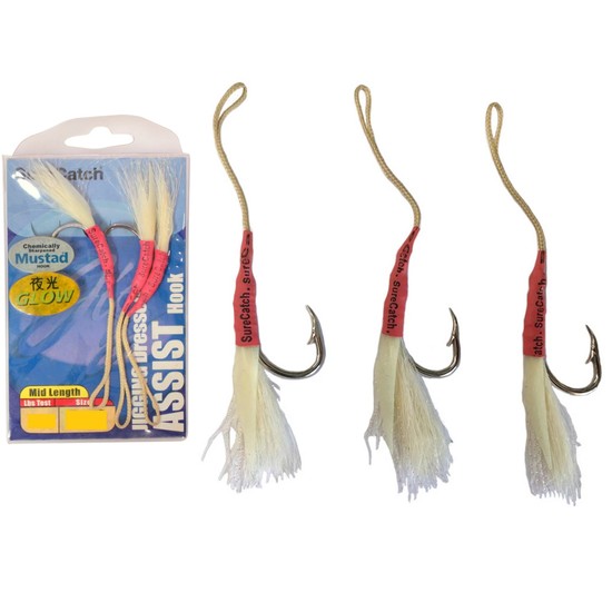 3 Pack of Surecatch Mid Length Dressed Jigging Assist Hooks - Mustad Hooks (Size 10/0)