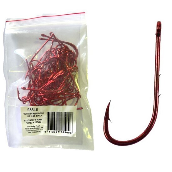 50 Pack of Tsunami Size 3/0 Chemically Sharpened Red Baitkeeper Hooks