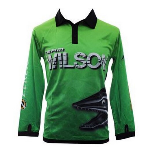 Size 6 Kids Team Wilson Green Tournament Long Sleeve Fishing Shirt with Collar - UPF25+