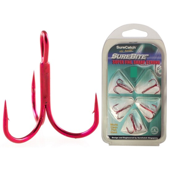 5 Pack of Surecatch Red Chemically Sharpened Treble Fishing Hooks [Size: 14]