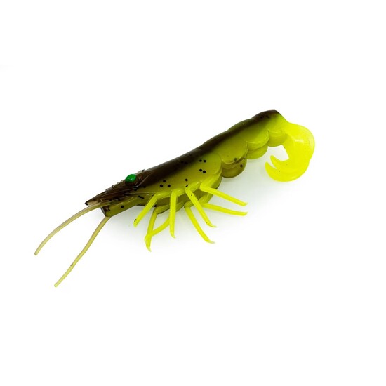 4 Pack of 90mm Chasebaits Curly Prawn Soft Body Scented Fishing Lures - Lime Tiger 