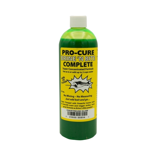 16oz Bottle of Chartreuse Glow Pro-Cure Brine 'N Bite Complete Bait Scent Formula