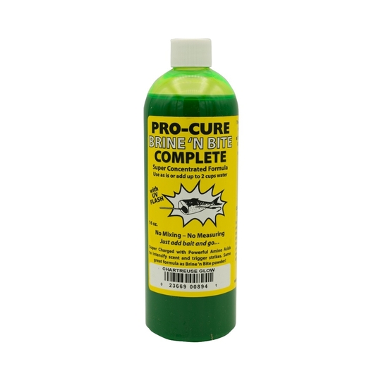 16oz Bottle of Chartreuse Glow Pro-Cure Brine 'N Bite Complete Bait Scent Formula