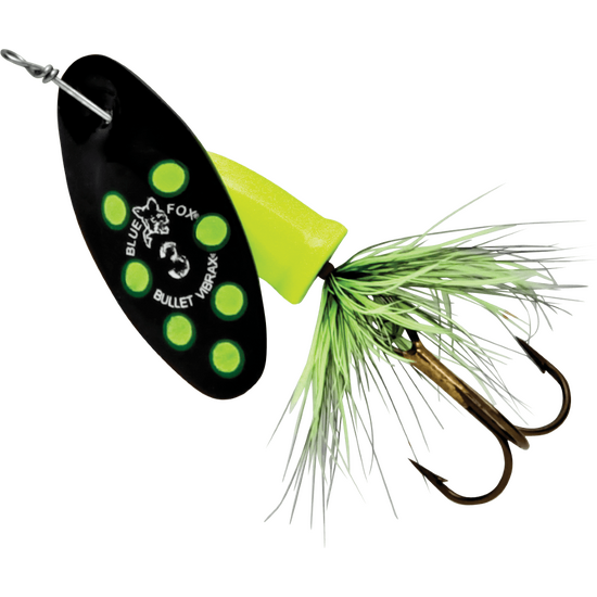 Size 2 Blue Fox Vibrax Bullet Fly 8gm Spinner Lure - Black Chartreuse