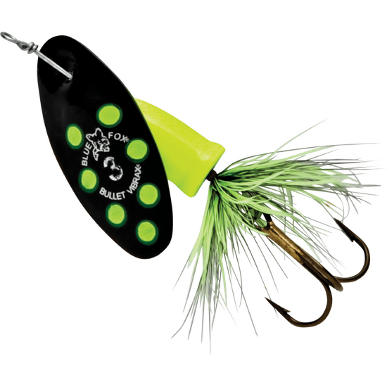 Size 3 Blue Fox Vibrax Bullet Fly 11gm Spinner Lure - Black Chartreuse 