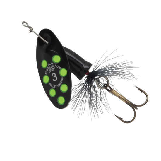 Size 3 Blue Fox Vibrax Bullet Fly 11gm Spinner Lure - Black Chartreuse Black