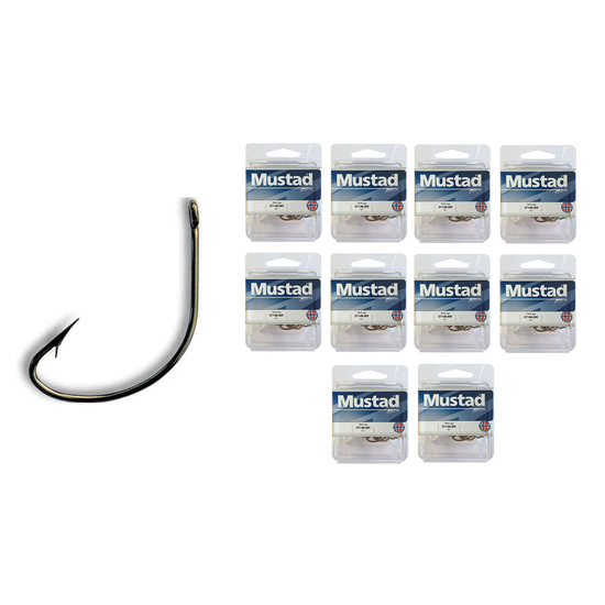 10 Boxes of Mustad 37140 Bronze Wide Gap Fishing Hooks - Size 1/0