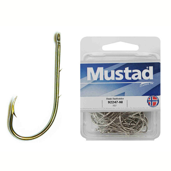 100 x Mustad 92247NI Beaked Baitholder Nickle Fishing Hooks - Size 1