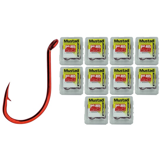 10 Boxes of Mustad 92554NPNR Big Red Chemically Sharpened Fishing Hooks - Size 1