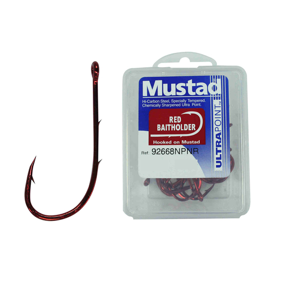 100 x Mustad 92668NPNR Red Baitholder Chemically Sharpened Fishing Hooks - Size 1 