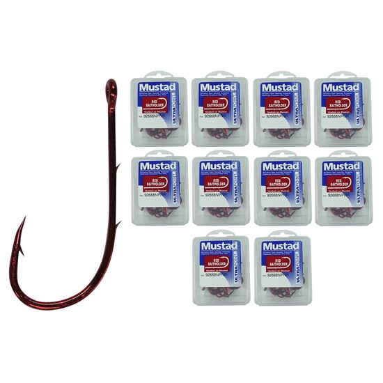 10 Boxes of Mustad 92668NPNR Red Baitholder Chemically Sharpened Fishing Hooks - Size 2 