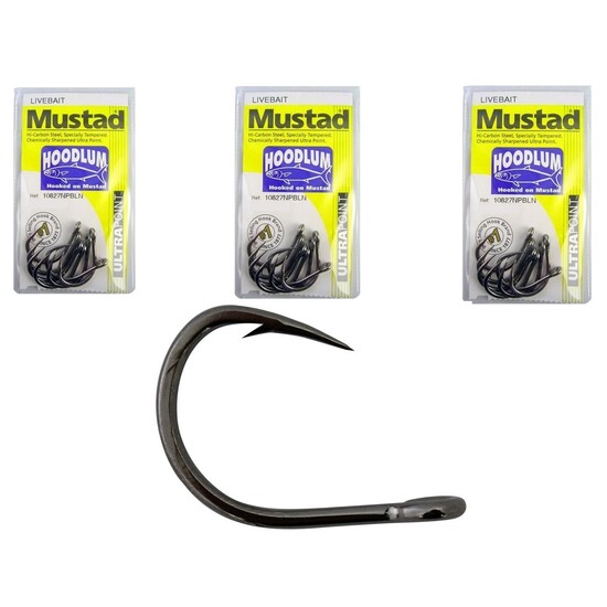 Mustad Hoodlum Size 1/0 -Bulk 3 Pack- 10827npbln -Live Bait Chemically Sharpened