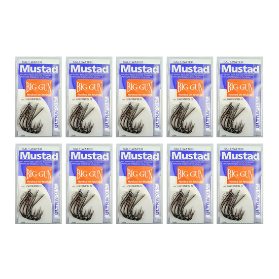 10 Packs of Mustad 10829NPBLN Big Gun Chemically Sharp Fishing Hooks