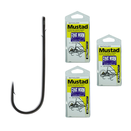 Mustad Fine Worm Size 1/0- 32813npblm - Bulk 3 Pack - Chemically Sharpened Hooks