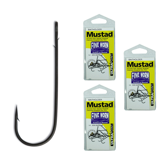 Mustad Fine Worm Size 8 - 32813npblm - Bulk 3 Pack - Chemically Sharpened Hooks