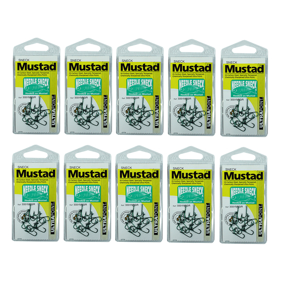 10 Packs of Mustad 3331NPGR Needle Sneck Weed Chemically Sharp Fishing Hooks