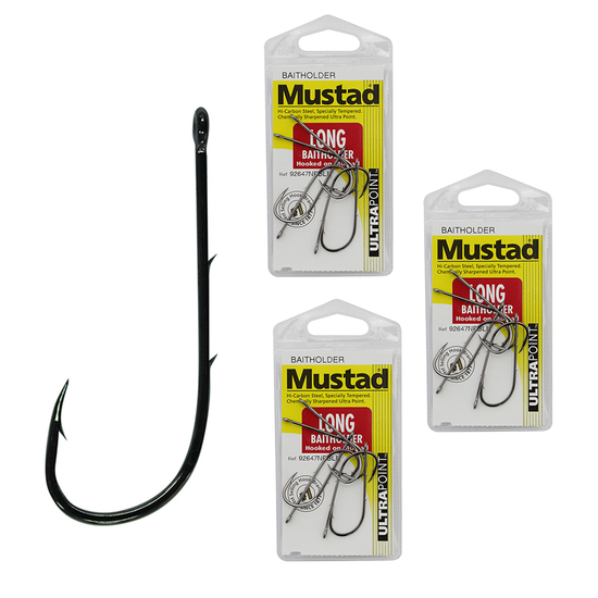 Mustad Long Baitholder- Size 1/0 - 92647npbln- Bulk 3 Pack -Chemically Sharpened
