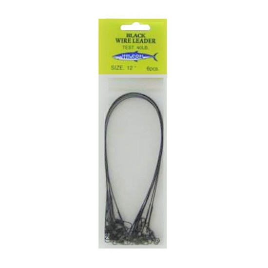 6 x Wilson 12 Inch x 40lb Black Wire Fishing Trace with Barrel Swivel & Interlock Snaps